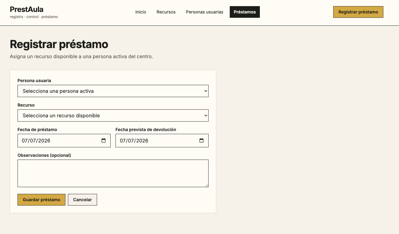 Captura del formulario de registro de préstamo de PrestAula: selección de persona activa y recurso disponible, fechas de préstamo y devolución prevista, y observaciones opcionales.